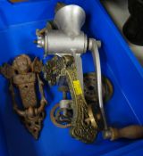 An old metal mincer & two interesting metallic door knockers