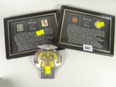 A vintage AA car badge & two JFK framed coins