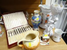 Set of cased fish knives & forks, Coalport pastille burner, jugs etc