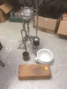 A box containing fireside companion set, wooden box, chamber pot