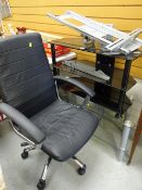 Two glass & chrome TV stands & a modern swivel office chair