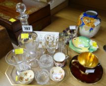 A gilded decanter tray & glasses, Carltonware Royal Crown Derby miniature tankard, bramble sculpture