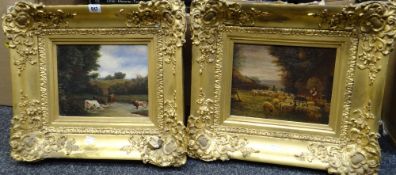 A pair of nineteenth century oils on canvas of pastoral scenes in ornate gilt frames