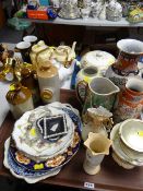 Tray of china including stoneware bottles, vases, gilt teaware & boxed Royal Worcester cake plate