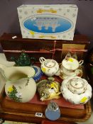 A tray of mixed china teaware, boxed drinking glasses etc