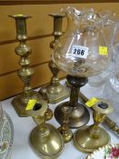 A pair of brass candlestick holders, pair of miniature candlestick holders etc