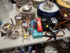 An EPNS teaset, cased binoculars & cameras etc