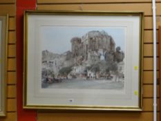 SIR WILLIAM RUSSELL FLINT print of a continental village square, with embossed mark BJF, signed in