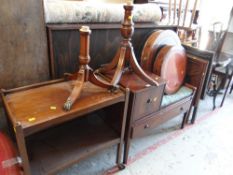 A parcel of reproduction & other furniture including drum-type tables, telephone seat, tea