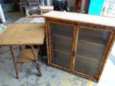 Bamboo & rattan side table together with a small glazed bookcase