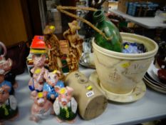 Large continental ceramic planter, resin figures & set of five Wade Natwest piggy bank money boxes