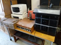 A parcel of electricals, a lightwood desk & Long John coffee table etc E/T