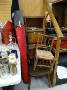 A parcel of furniture including a barley-twist drop leaf table, small rush chair, an elm chair etc