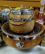 A polished wood & EPNS biscuit barrel & similar fruitbowl