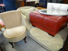 An upholstered bedroom chair, an oval mirror, foot stool & day bed