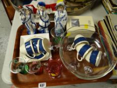 Tray of mixed china & glass including small cranberry glass jug, continental figurines etc
