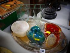 Twin-handled EPNS tray, Mdina glass bottle & other coloured glass