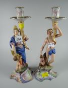 A pair of continental porcelain classical figured candle holders
