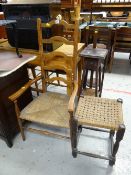 A rush seated ladder back elbow chair & a rush seated stool