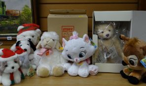 Three modern boxed Steiff teddy bears, two Disney characters etc