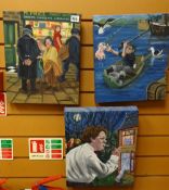 Three oils on canvas by KARL HODGSON depicting Dylan Thomas themes