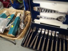 A Walker & Hall fish cutlery set with servers & a basket of loose cutlery etc