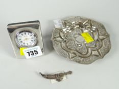 A small hallmarked silver travel clock, continental or believed Indian silver dish & Indian silver