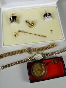 Two modern ladies' wristwatches, miniature crown jewels collection & a yellow metal ladies' fob