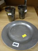 A pair of horn & silver beakers together with a pewter plate