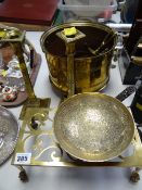 A pair of old gas burners, a pair of brass candlestick holders, a kettle stand etc