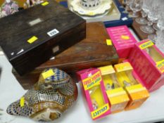 Two vintage wooden boxes, collection of Tetley tea folk & a ceramic duck
