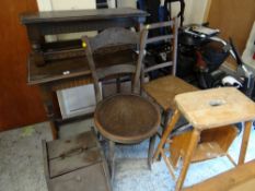 Vintage oak linen fold-style side table & small stool, bentwood chair, rush seated chair etc