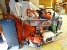 Parcel of various electricals including Flymo hedge trimmer, strimmer, Flymo rotary lawn mower,
