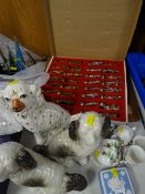 A parcel of china including china dogs, a set of metal chess pieces with board etc