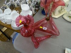 Victorian cranberry glass table epergne (incomplete) and a frilly top vase
