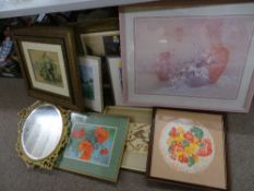 Quantity of framed pictures and prints, metal framed pedestal mirror and an oak framed firescreen