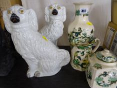 Three Masons 'Chartreuse' pottery ornaments and a pair of white Staffs comforter dogs