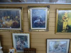 VERNON WARD pleasant gilt framed print - pair of swans with their young, two Victorian style