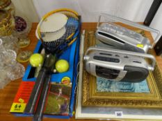 Boxed badminton set, two tennis racquets, two framed pictures and prints and two portable radios