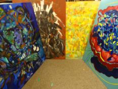 JOHN CHERRTINGTON four oils on board - psychedelic still life flowers with one portrait study, three