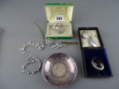 Nine carat gold bar brooch with ruby inset, a white metal circular bowl with Mother Theresa thaler