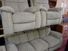 Modern upholstered three piece suite of three seater couch and two armchairs, all having manual