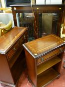 Parcel of three modern dark wood inlaid furniture items - display cabinet, hall table and one