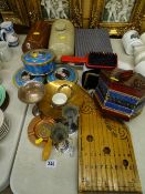 Mixed group of collectables including a squeezebox, commemorative tins, EP and copperware etc