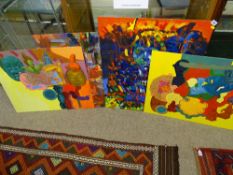 JOHN CHERRINGTON psychedelic portrait study, a brightly coloured still life of flowers and two