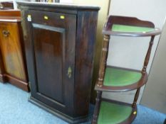 Vintage single door corner cupboard and a modern three shelf whatnot