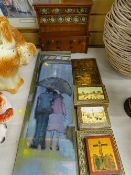 Two inlaid and painted Oriental boxes and a framed panel, a vintage model dresser etc