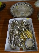 Grape and vine embossed EP serving tray, quantity of table cutlery and a small white metal pin dish