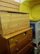 Modern pine three drawer chest, painted loom style armchair and small pine box