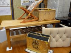 Parcel of two tier coffee table, small 'X' frame seat, dressing stool, brass fronted magazine rack